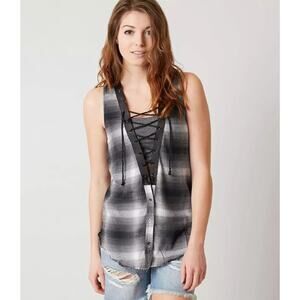 NWT Gimmicks Flannel Plaid Lace-Up Sleeveless Button Front Top Size Large